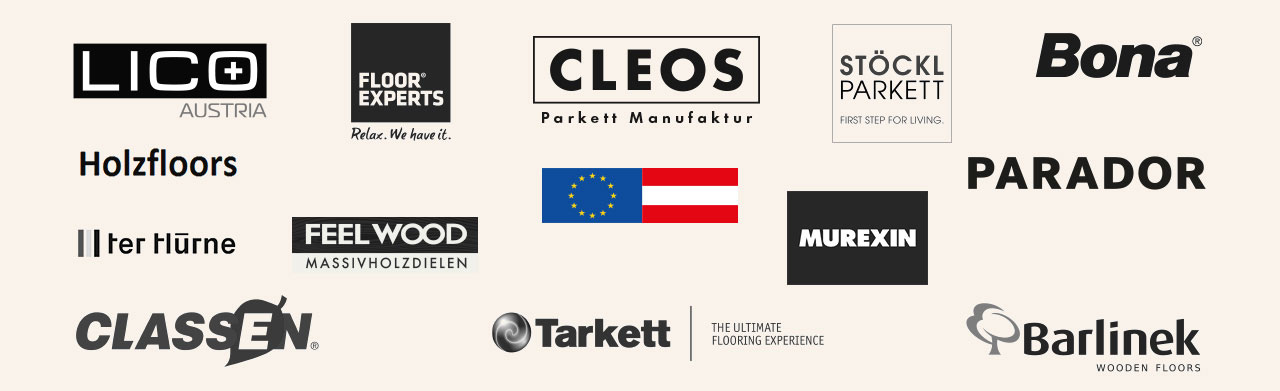 Mehrere Bodenbelagsmarken‑Logos sind auf beigem Hintergrund in Reihen angeordnet: LICO AUSTRIA; FLOOR EXPERTS — Relax. We have it.; CLEOS Parkett Manufaktur; STÖCKL PARKETT — FIRST STEP FOR LIVING; Bona; Holzfloors; ter Hürne; FEELWOOD MASSIVHOLZDIELEN; P